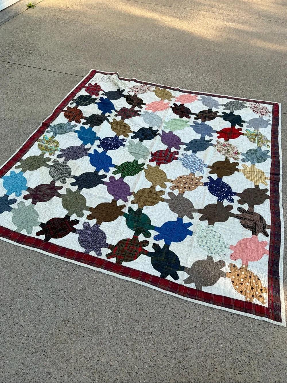 Vintage turtle handmade quilt large throw blanket patchwork multi color tortoise